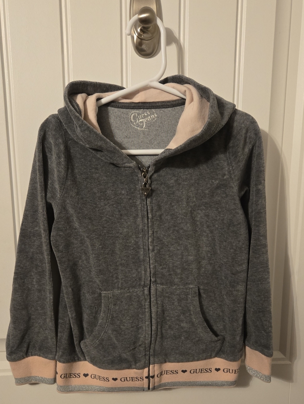 Guess Girl's Grey Zip-Up Hoodie with Pale Pink Trim